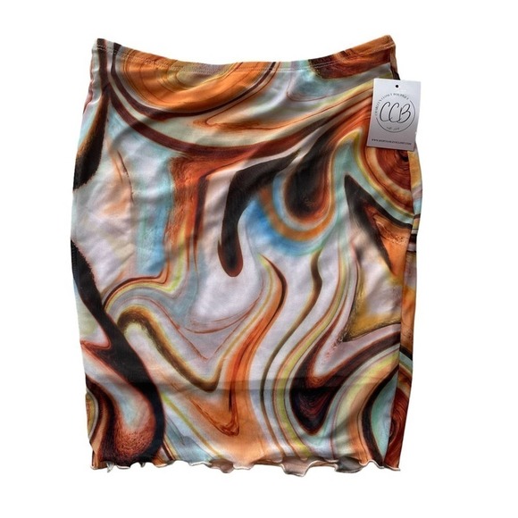 BLACKBEAD Abstract Marble Micro Mini Skirt Orange Brown Small Deep Wave Ruffle - Picture 1 of 6